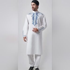Elegant White and Blue Men's Embroidered Shirt